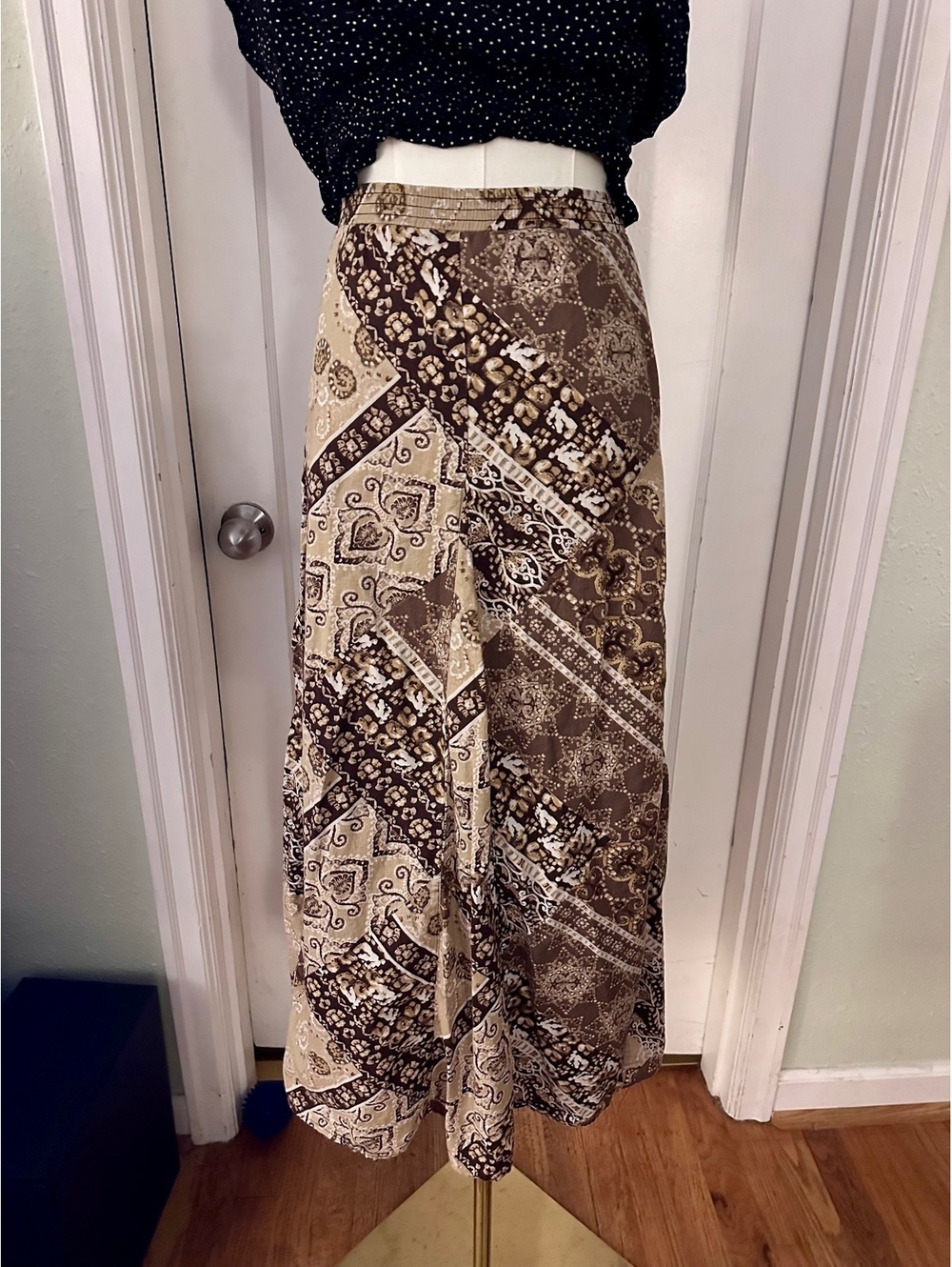 100% Cotton Vintage Brown Bohemian Patchwork Maxi Skirt Size (16)